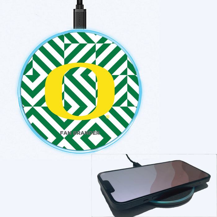 Fan Brander Grey 15W Wireless Charger with Oregon Ducks Primary Logo on Geometric Diamonds Background