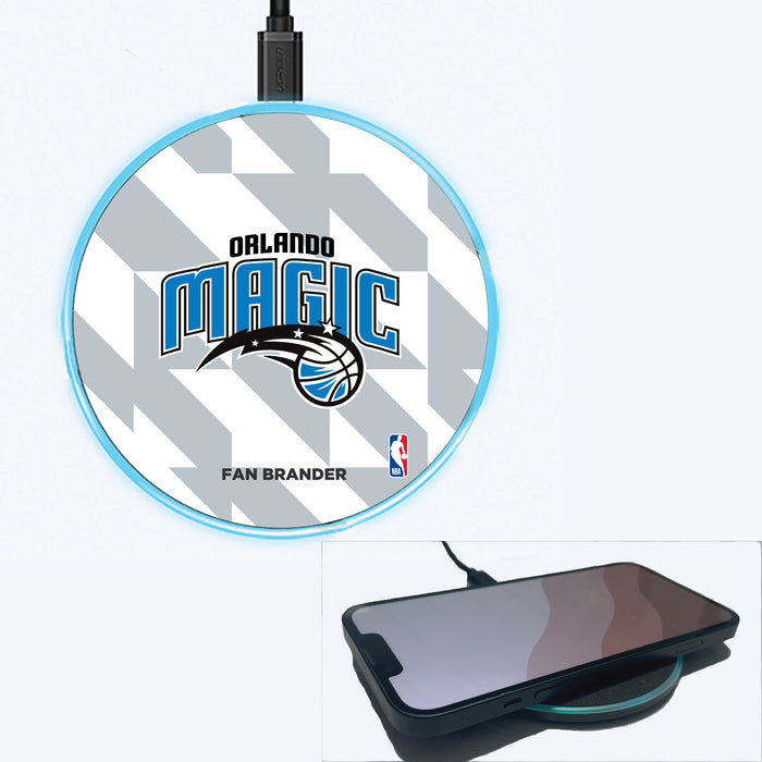 Fan Brander Grey 15W Wireless Charger with Orlando Magic Primary Logo on Geometric Quad Background