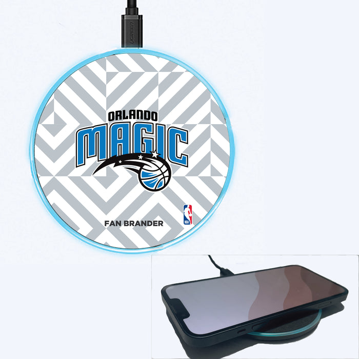 Fan Brander Grey 15W Wireless Charger with Orlando Magic Primary Logo on Geometric Diamonds Background