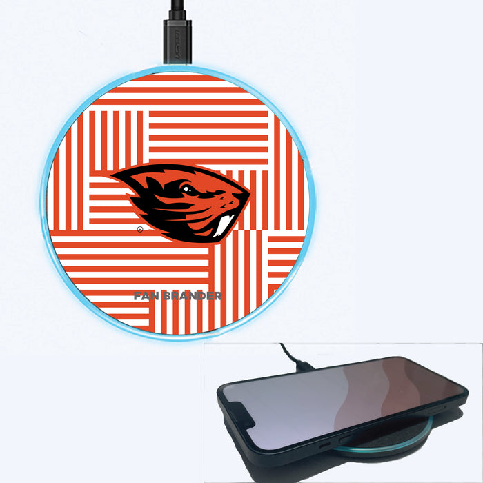 Fan Brander Grey 15W Wireless Charger with Oregon State Beavers Primary Logo on Geometric Lines Background