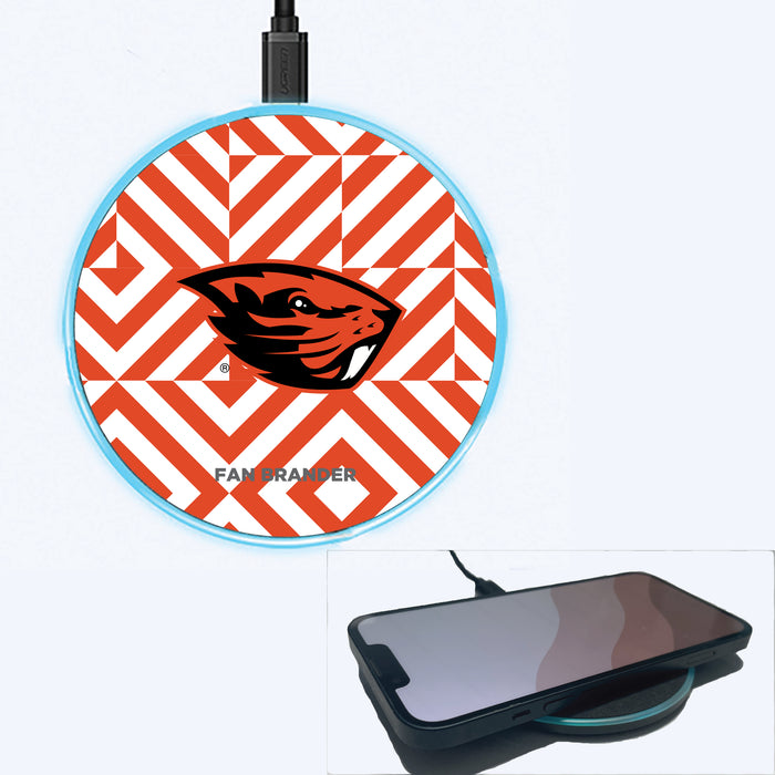Fan Brander Grey 15W Wireless Charger with Oregon State Beavers Primary Logo on Geometric Diamonds Background