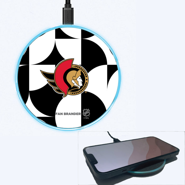 Fan Brander Grey 15W Wireless Charger with Ottawa Senators Primary Logo on Geometric Circle Background