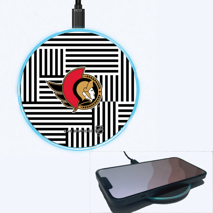 Fan Brander Grey 15W Wireless Charger with Ottawa Senators Primary Logo on Geometric Lines Background