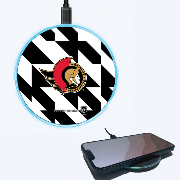 Fan Brander Grey 15W Wireless Charger with Ottawa Senators Primary Logo on Geometric Quad Background