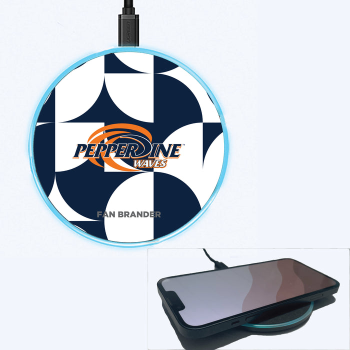 Fan Brander Grey 15W Wireless Charger with Pepperdine Waves Primary Logo on Geometric Circle Background