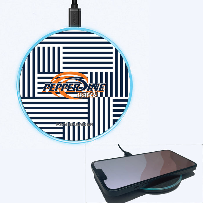 Fan Brander Grey 15W Wireless Charger with Pepperdine Waves Primary Logo on Geometric Lines Background