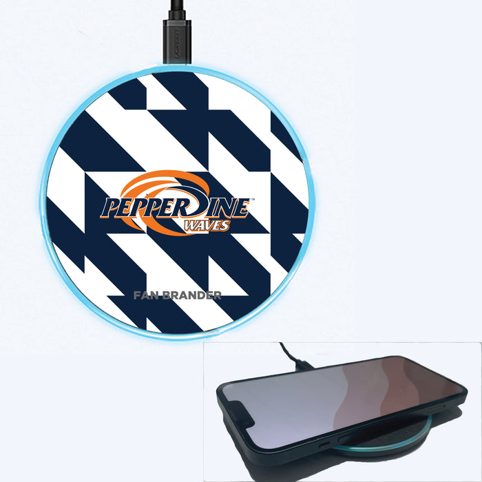 Fan Brander Grey 15W Wireless Charger with Pepperdine Waves Primary Logo on Geometric Quad Background