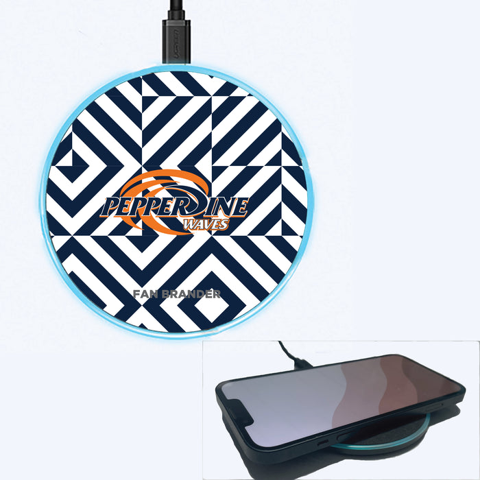 Fan Brander Grey 15W Wireless Charger with Pepperdine Waves Primary Logo on Geometric Diamonds Background
