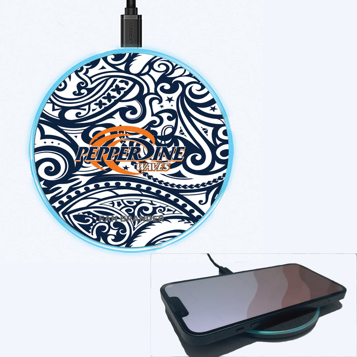 Fan Brander Grey 15W Wireless Charger with Pepperdine Waves Primary Logo With Team Color Tribal Background