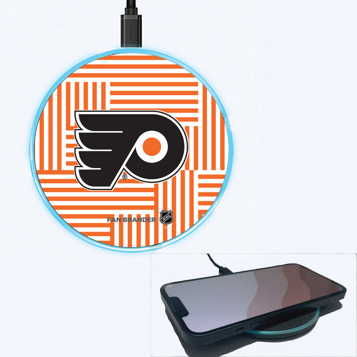 Fan Brander Grey 15W Wireless Charger with Philadelphia Flyers Primary Logo on Geometric Lines Background