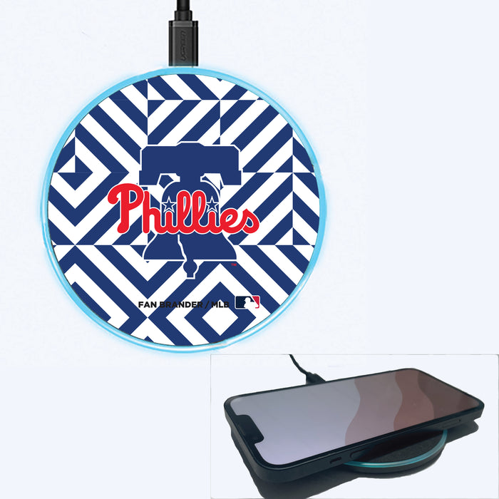 Fan Brander Grey 15W Wireless Charger with Philadelphia Phillies Primary Logo on Geometric Diamonds Background