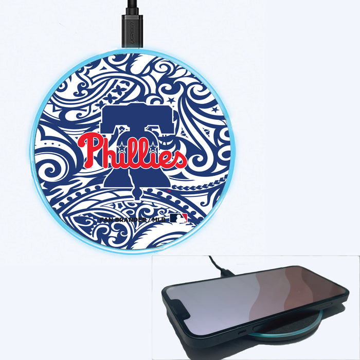 Fan Brander Grey 15W Wireless Charger with Philadelphia Phillies Primary Logo With Team Color Tribal Background