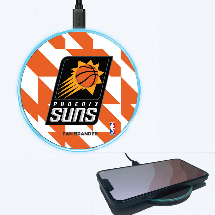 Fan Brander Grey 15W Wireless Charger with Phoenix Suns Primary Logo on Geometric Quad Background
