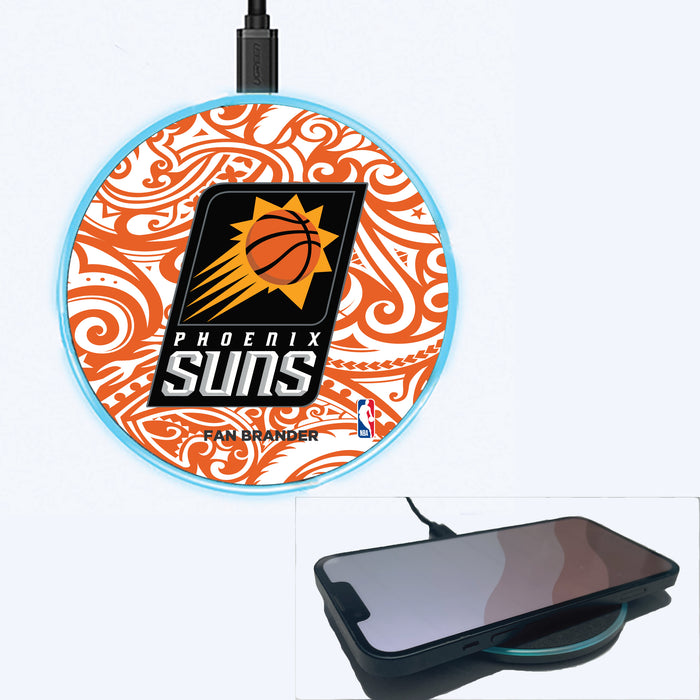 Fan Brander Grey 15W Wireless Charger with Phoenix Suns Primary Logo With Team Color Tribal Background