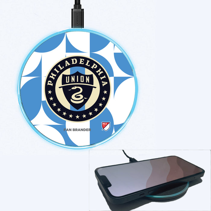 Fan Brander Grey 15W Wireless Charger with Philadelphia Union Primary Logo on Geometric Circle Background