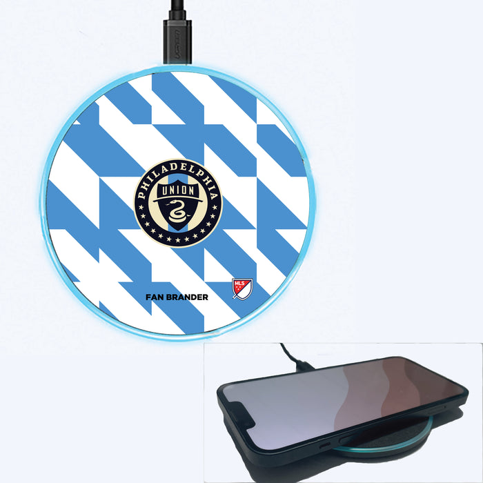 Fan Brander Grey 15W Wireless Charger with Philadelphia Union Primary Logo on Geometric Quad Background