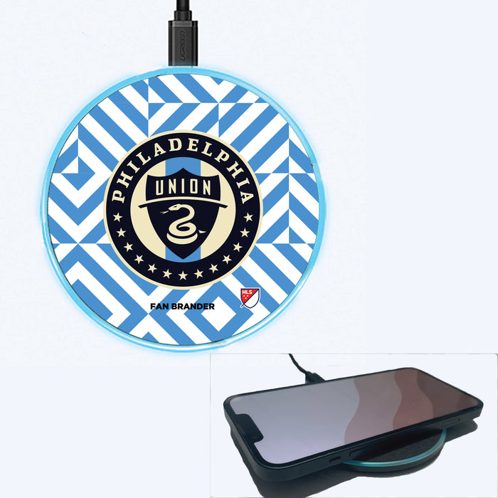 Fan Brander Grey 15W Wireless Charger with Philadelphia Union Primary Logo on Geometric Diamonds Background