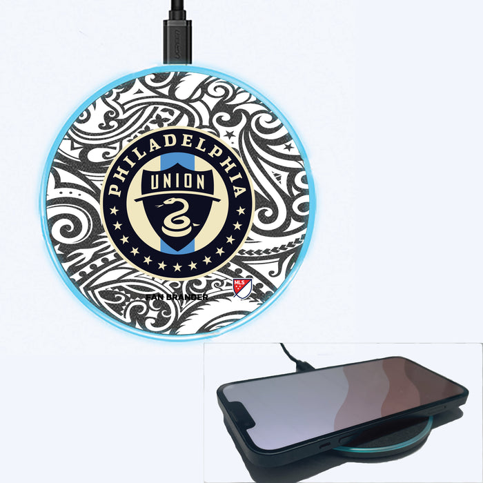 Fan Brander Grey 15W Wireless Charger with Philadelphia Union Primary Logo With Black Tribal