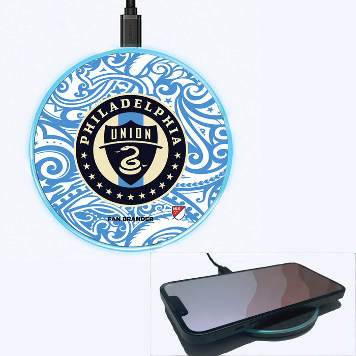 Fan Brander Grey 15W Wireless Charger with Philadelphia Union Primary Logo With Team Color Tribal Background