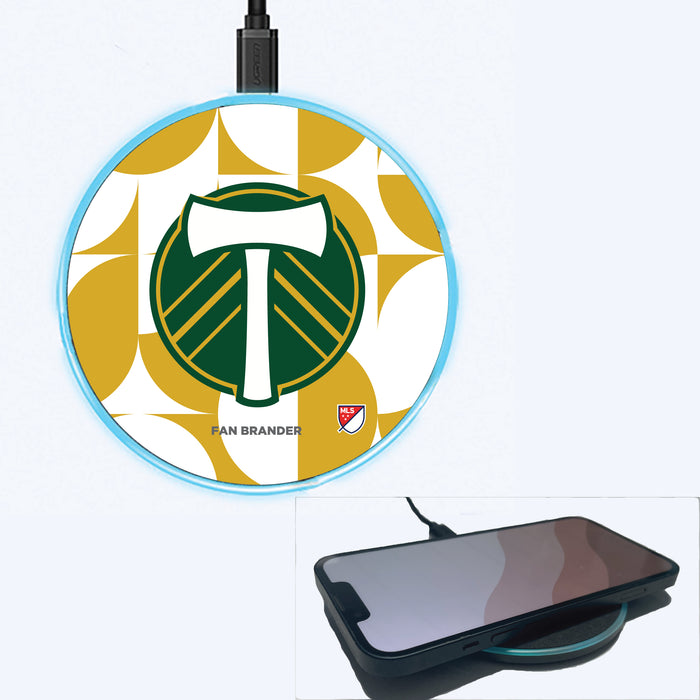 Fan Brander Grey 15W Wireless Charger with Portland Timbers Primary Logo on Geometric Circle Background