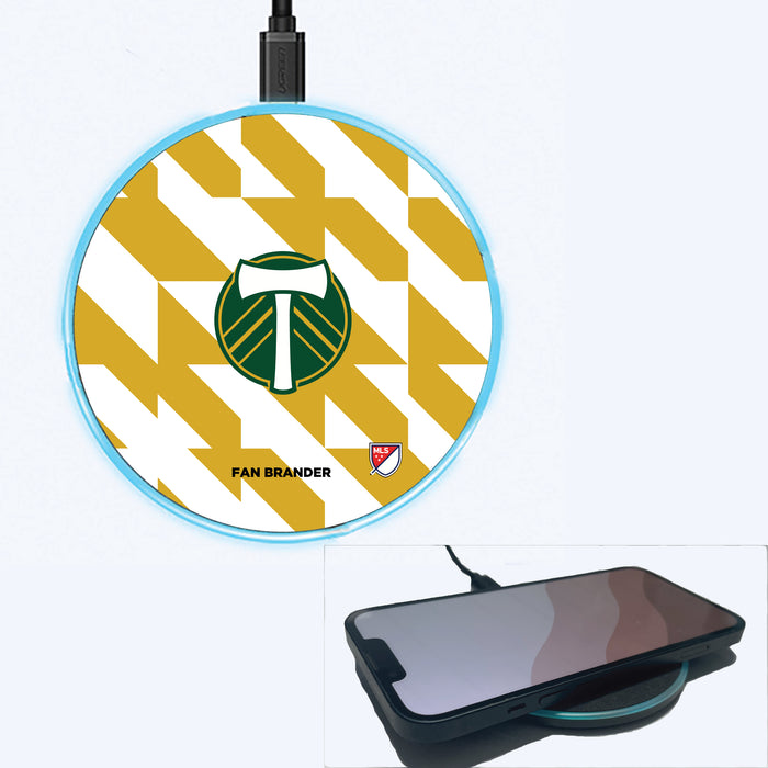 Fan Brander Grey 15W Wireless Charger with Portland Timbers Primary Logo on Geometric Quad Background