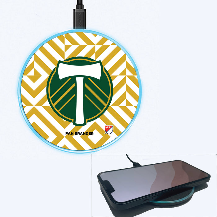 Fan Brander Grey 15W Wireless Charger with Portland Timbers Primary Logo on Geometric Diamonds Background