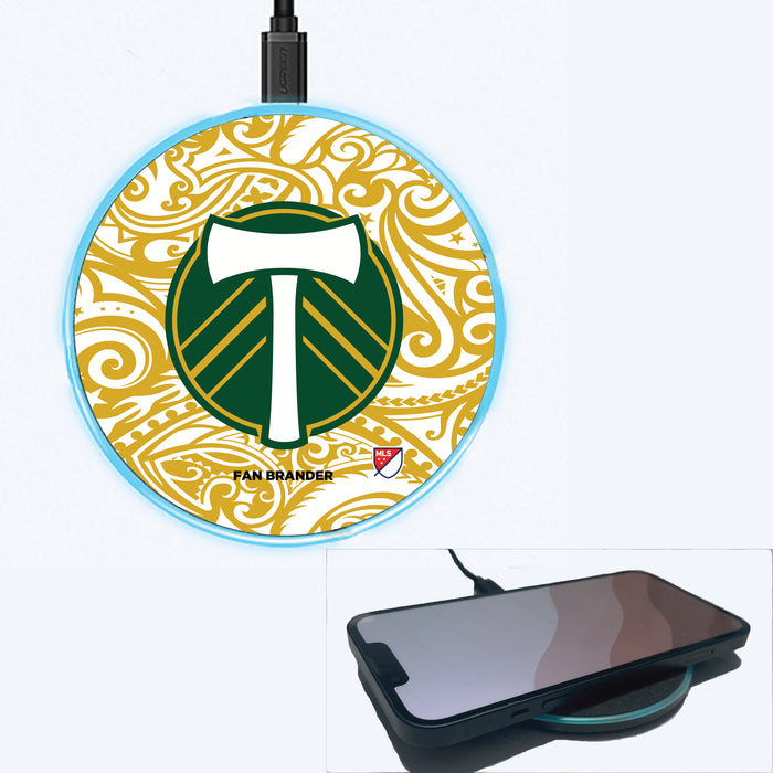 Fan Brander Grey 15W Wireless Charger with Portland Timbers Primary Logo With Team Color Tribal Background