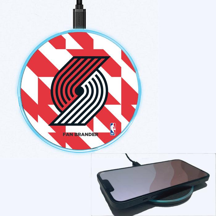 Fan Brander Grey 15W Wireless Charger with Portland Trailblazers Primary Logo on Geometric Quad Background