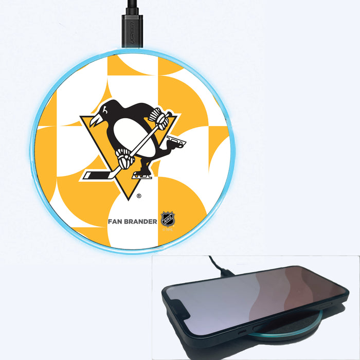 Fan Brander Grey 15W Wireless Charger with Pittsburgh Penguins Primary Logo on Geometric Circle Background