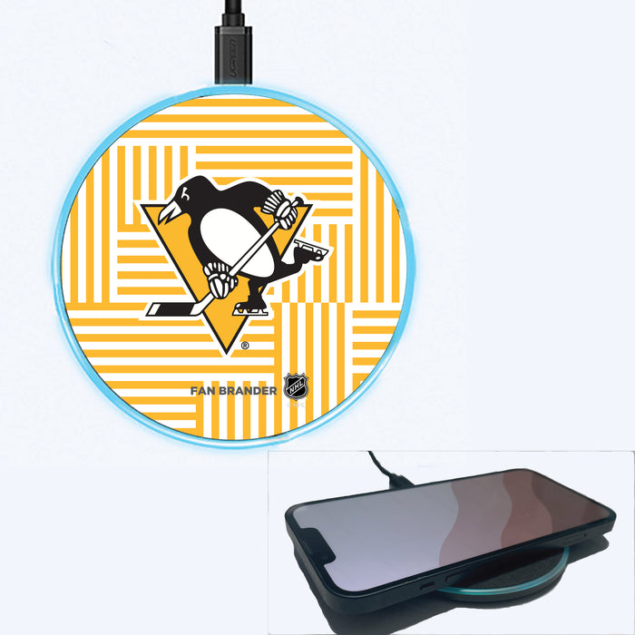Fan Brander Grey 15W Wireless Charger with Pittsburgh Penguins Primary Logo on Geometric Lines Background