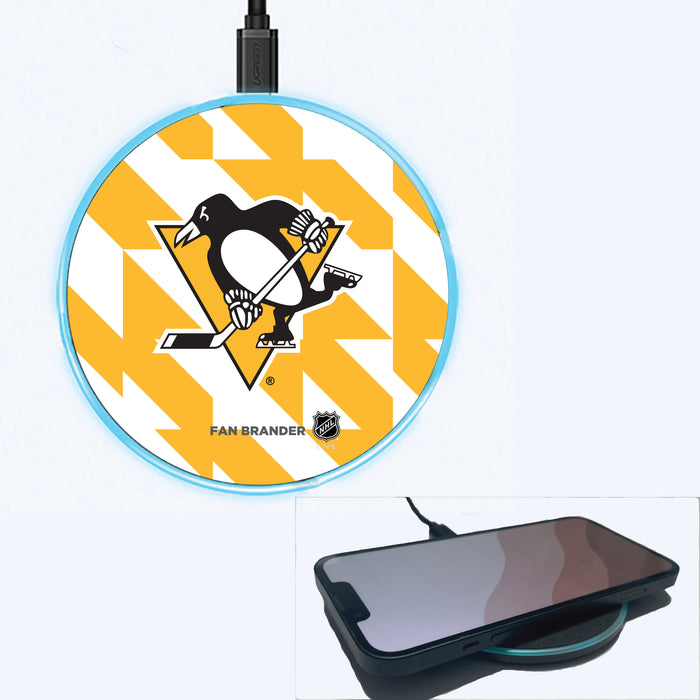 Fan Brander Grey 15W Wireless Charger with Pittsburgh Penguins Primary Logo on Geometric Quad Background