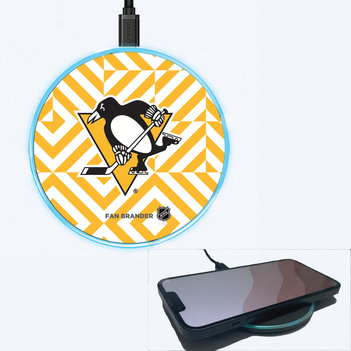 Fan Brander Grey 15W Wireless Charger with Pittsburgh Penguins Primary Logo on Geometric Diamonds Background