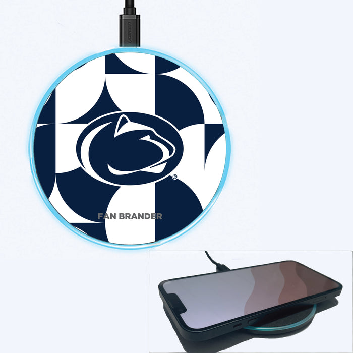 Fan Brander Grey 15W Wireless Charger with Penn State Nittany Lions Primary Logo on Geometric Circle Background