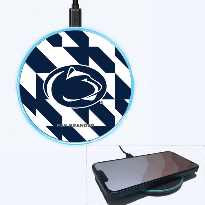 Fan Brander Grey 15W Wireless Charger with Penn State Nittany Lions Primary Logo on Geometric Quad Background