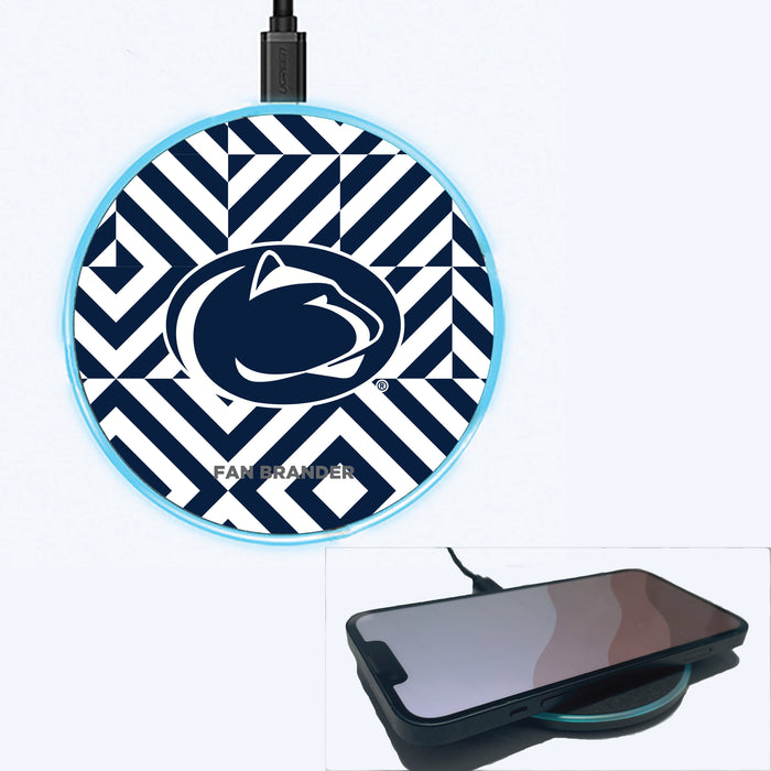 Fan Brander Grey 15W Wireless Charger with Penn State Nittany Lions Primary Logo on Geometric Diamonds Background