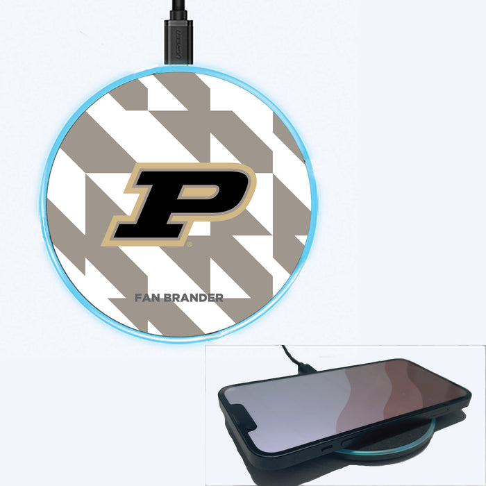 Fan Brander Grey 15W Wireless Charger with Purdue Boilermakers Primary Logo on Geometric Quad Background
