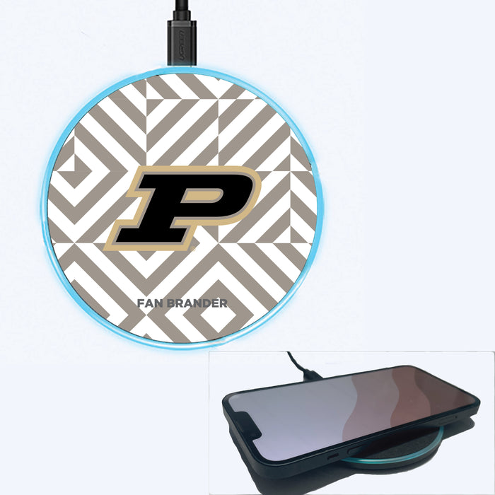 Fan Brander Grey 15W Wireless Charger with Purdue Boilermakers Primary Logo on Geometric Diamonds Background