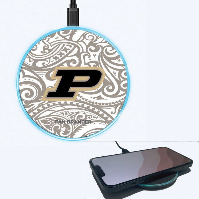 Fan Brander Grey 15W Wireless Charger with Purdue Boilermakers Primary Logo With Team Color Tribal Background