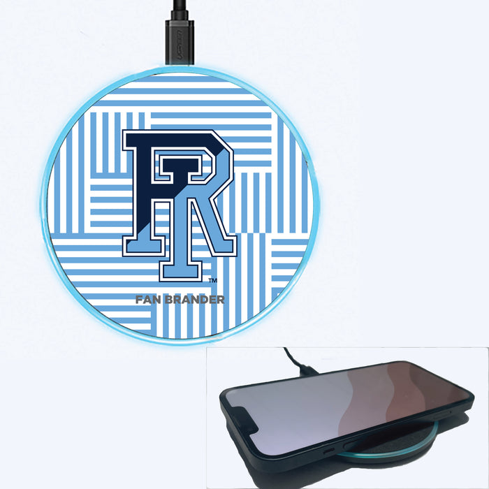 Fan Brander Grey 15W Wireless Charger with Rhode Island Rams Primary Logo on Geometric Lines Background