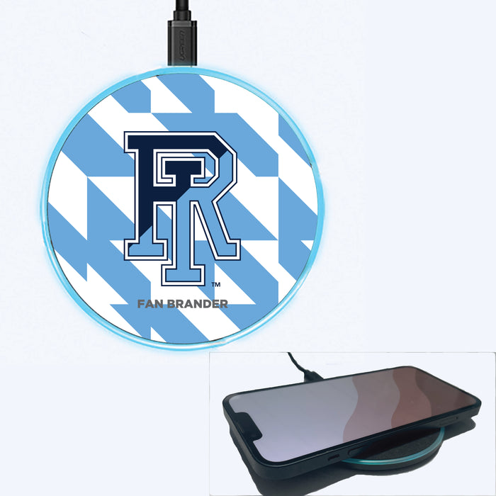 Fan Brander Grey 15W Wireless Charger with Rhode Island Rams Primary Logo on Geometric Quad Background