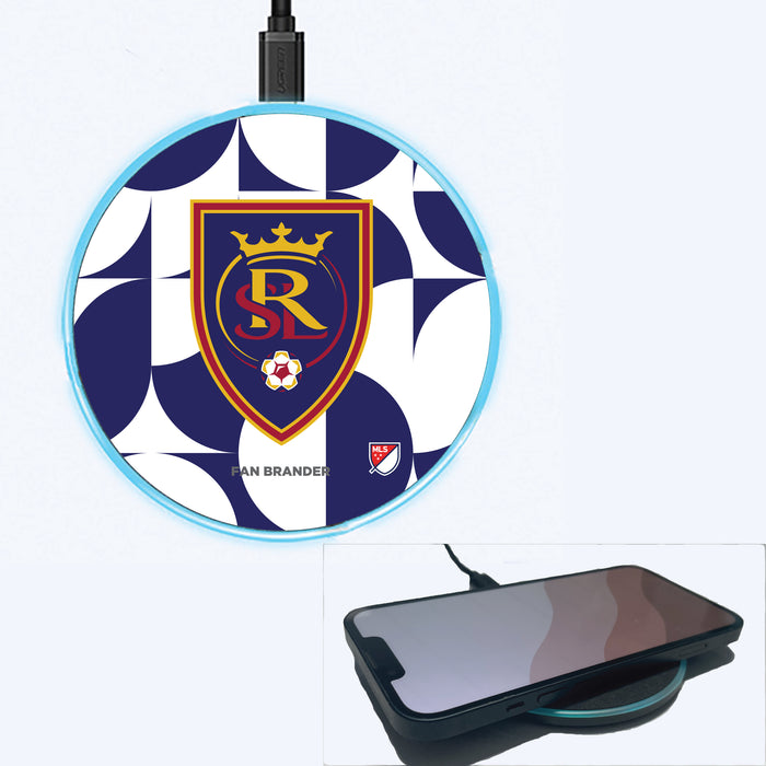 Fan Brander Grey 15W Wireless Charger with Real Salt Lake Primary Logo on Geometric Circle Background