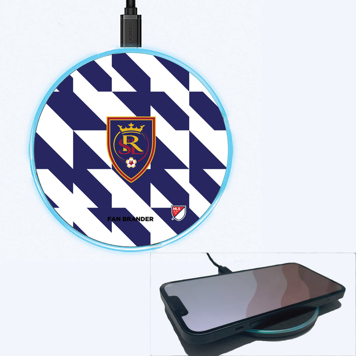 Fan Brander Grey 15W Wireless Charger with Real Salt Lake Primary Logo on Geometric Quad Background