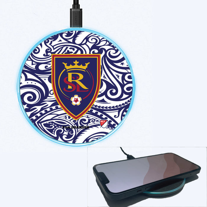 Fan Brander Grey 15W Wireless Charger with Real Salt Lake Primary Logo With Team Color Tribal Background