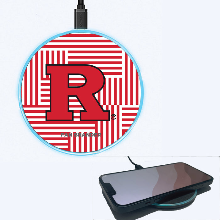 Fan Brander Grey 15W Wireless Charger with Rutgers Scarlet Knights Primary Logo on Geometric Lines Background