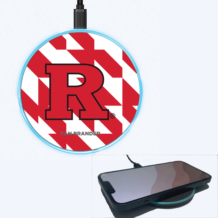 Fan Brander Grey 15W Wireless Charger with Rutgers Scarlet Knights Primary Logo on Geometric Quad Background