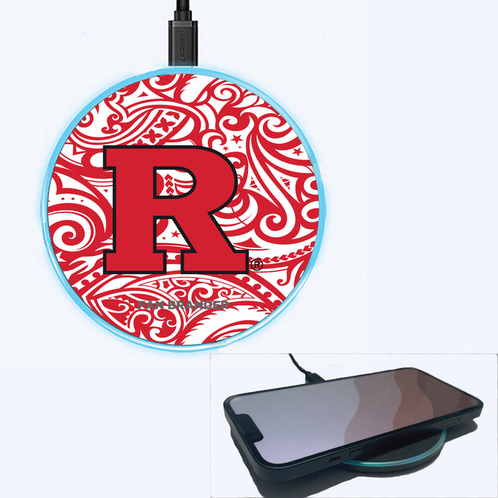 Fan Brander Grey 15W Wireless Charger with Rutgers Scarlet Knights Primary Logo With Team Color Tribal Background