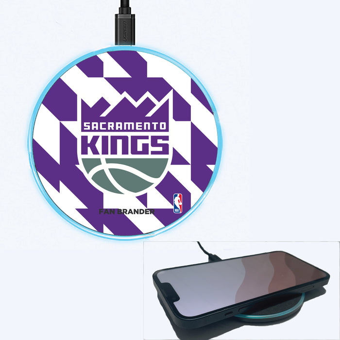 Fan Brander Grey 15W Wireless Charger with Sacramento Kings Primary Logo on Geometric Quad Background