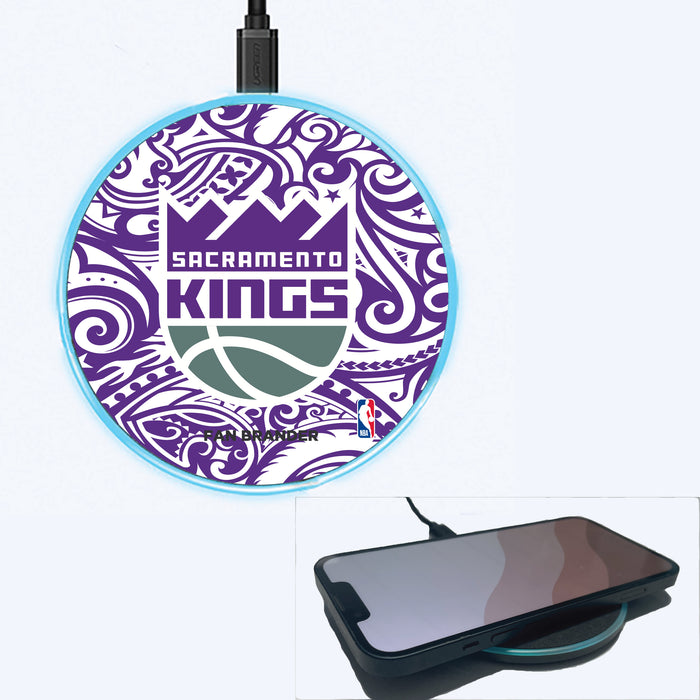 Fan Brander Grey 15W Wireless Charger with Sacramento Kings Primary Logo With Team Color Tribal Background
