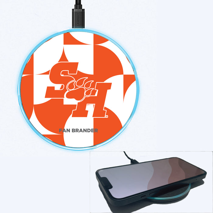 Fan Brander Grey 15W Wireless Charger with Sam Houston State Bearkats Primary Logo on Geometric Circle Background