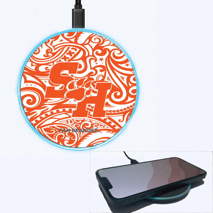 Fan Brander Grey 15W Wireless Charger with Sam Houston State Bearkats Primary Logo With Team Color Tribal Background